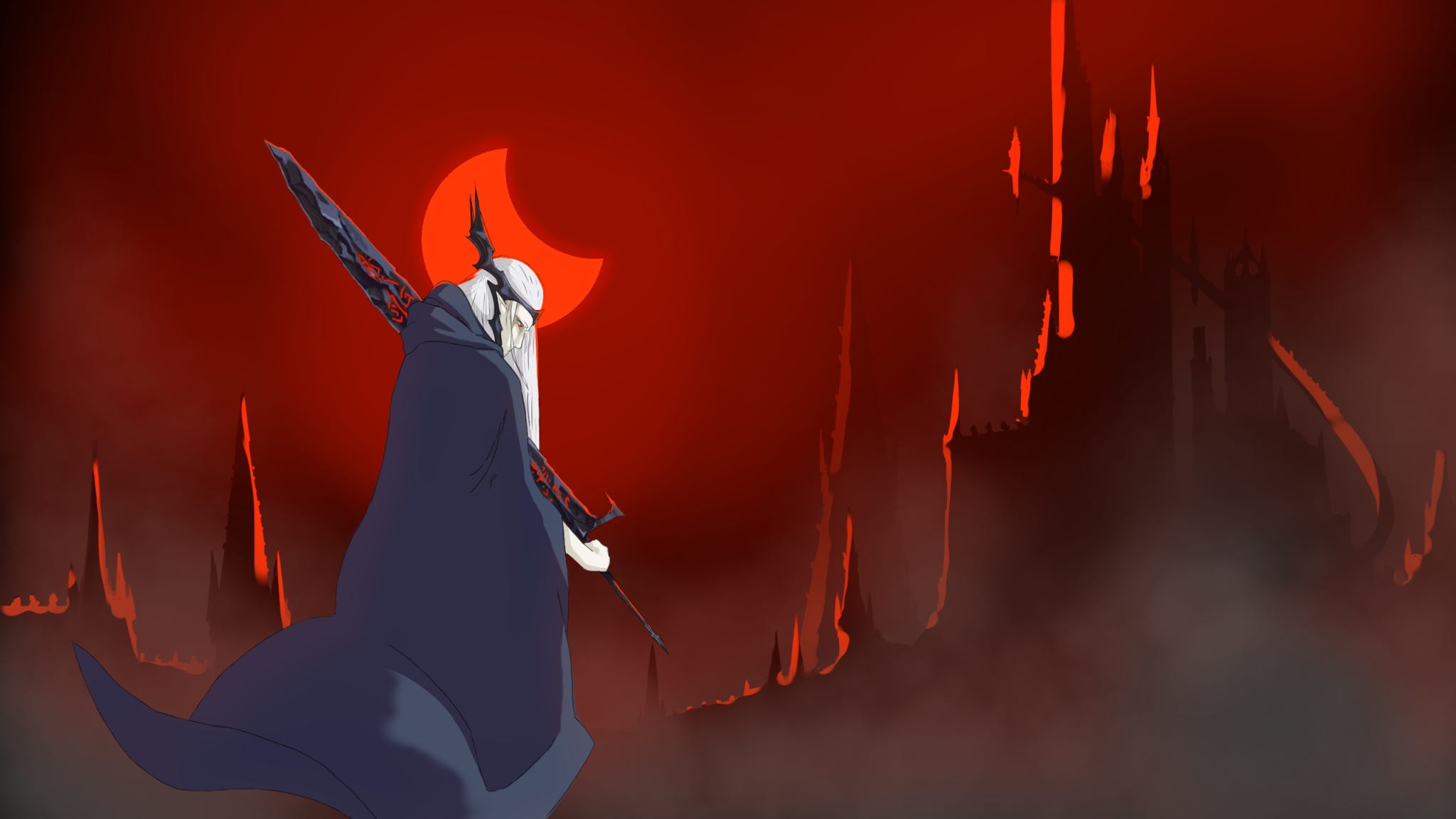 Michael Moorcock's Elric of Melniboné holding his sword Stormbringer in front of an apocalyptic landscape at the end of time.