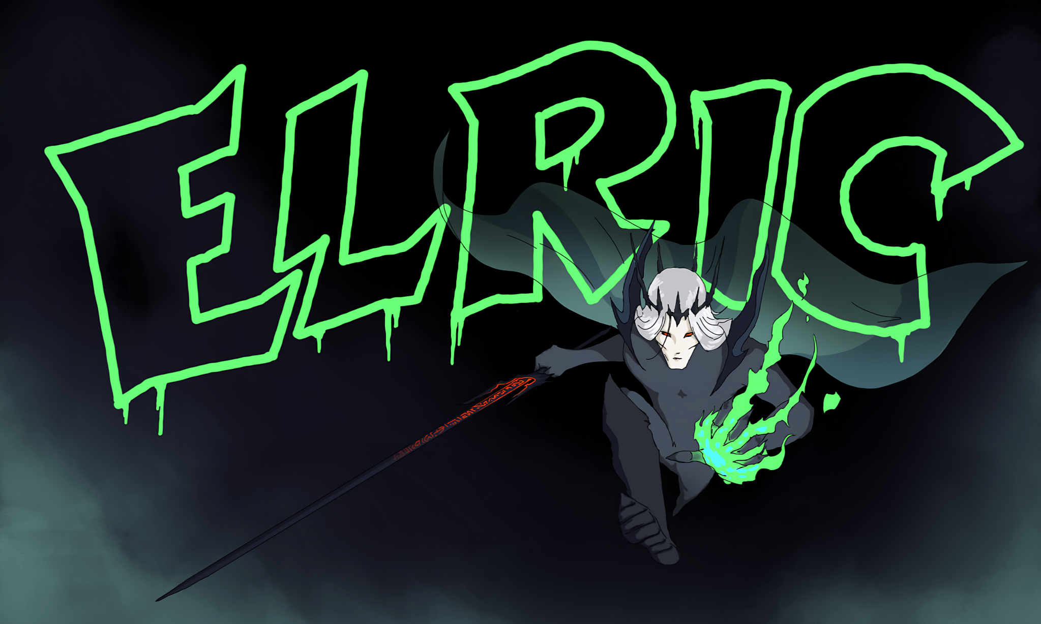 Michael Moorcock's Elric of Melnibone wielding his sword Stormbringer.